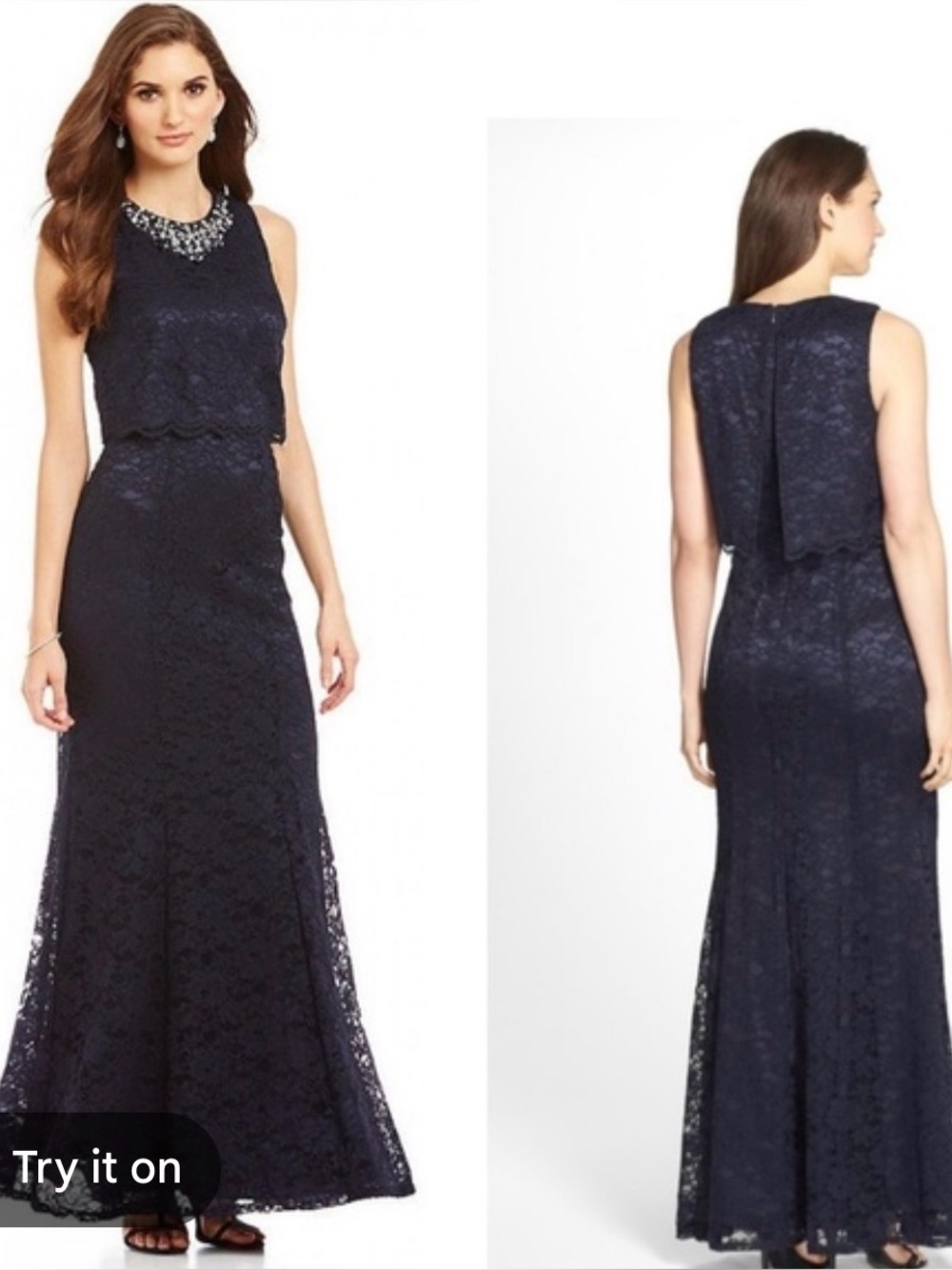 Eliza J Navy Blue Floral Lace Embellished Gown